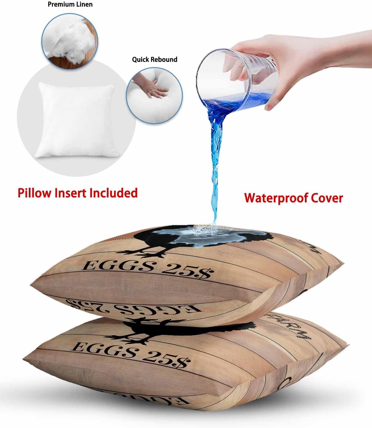 Outdoor Waterproof Throw Pillows Farm Chicken on Wood Grain Patio Pillows Pack of 2,Decorative Pillow Covers with Insert,Pillow Cushion Case for Indoor Garden Couch Sofa Retro Farmhouse Animal