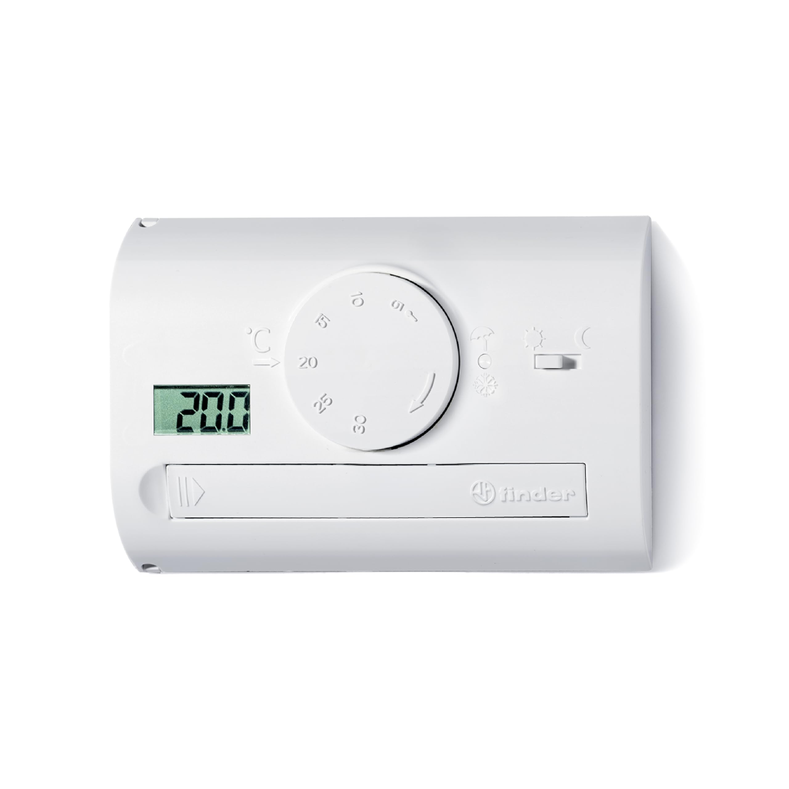 Finder Termostato digitale a rotella Tipo 1T.41. Alimentazione a batteria.Funzioni Antigelo, Estate, Inverno, Selettore Giorno/Notte. Temperatura Regolabile da 5 a 33 °C. Colore Bianco