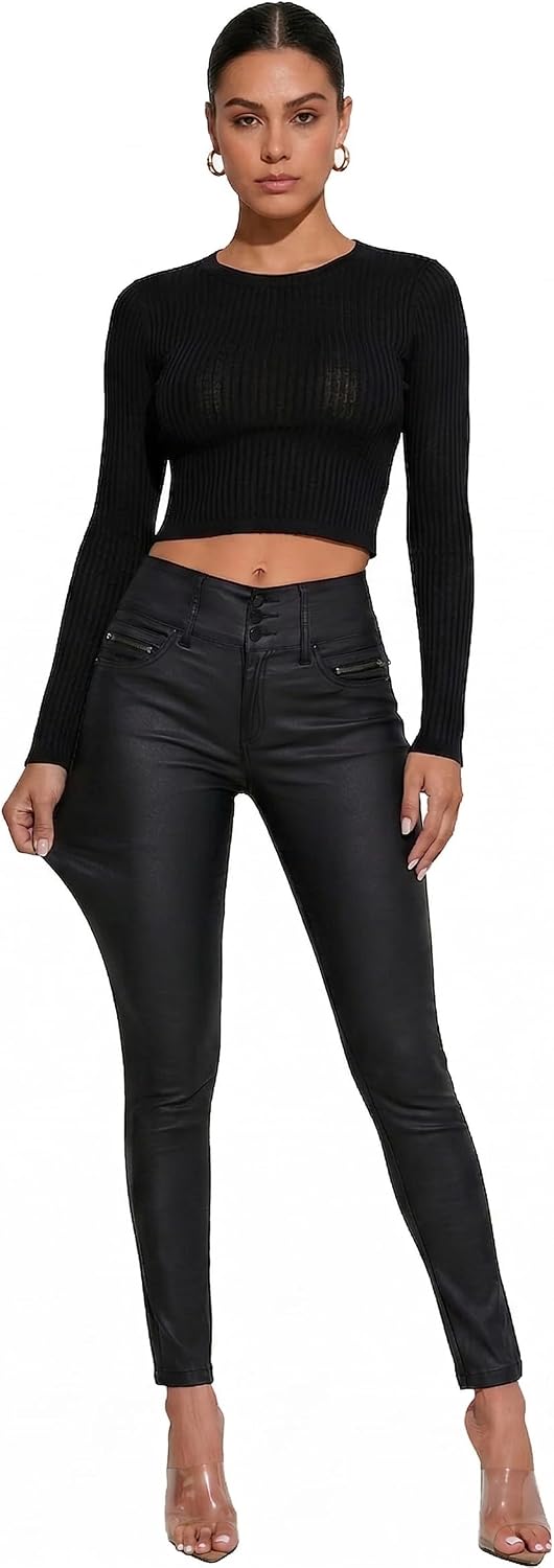 THE LOVE BRAND Women Faux Leather Pants Black Skinny Leggings Leather Pants for Women Mid Waisted Stretchy Leggings