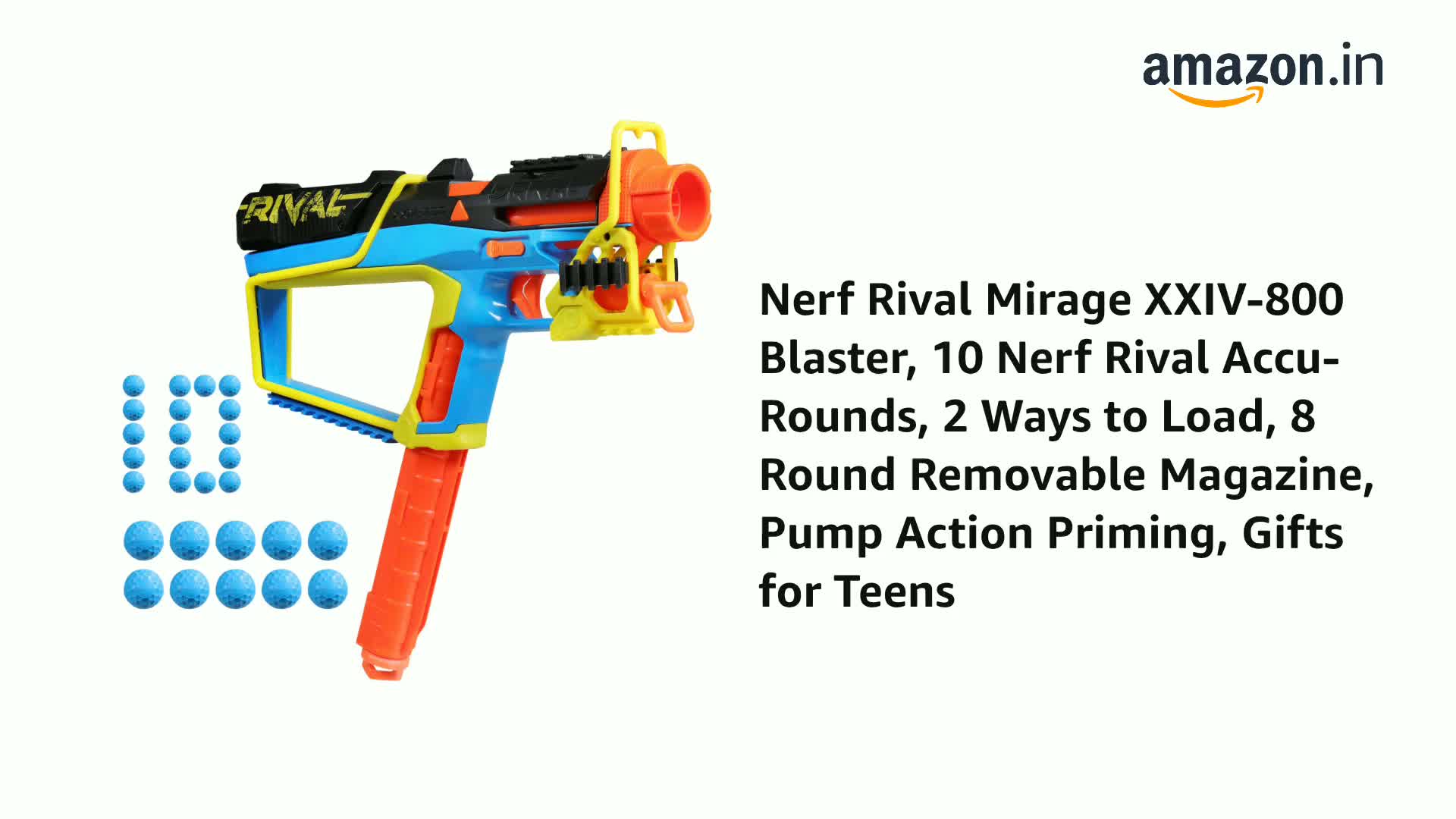 Nerf Rival Mirage XXIV-800 – Pistolet Blaster 10 Billes – 2 Chargements – 8 Coups – 27 M/s – Dès 14 Ans
