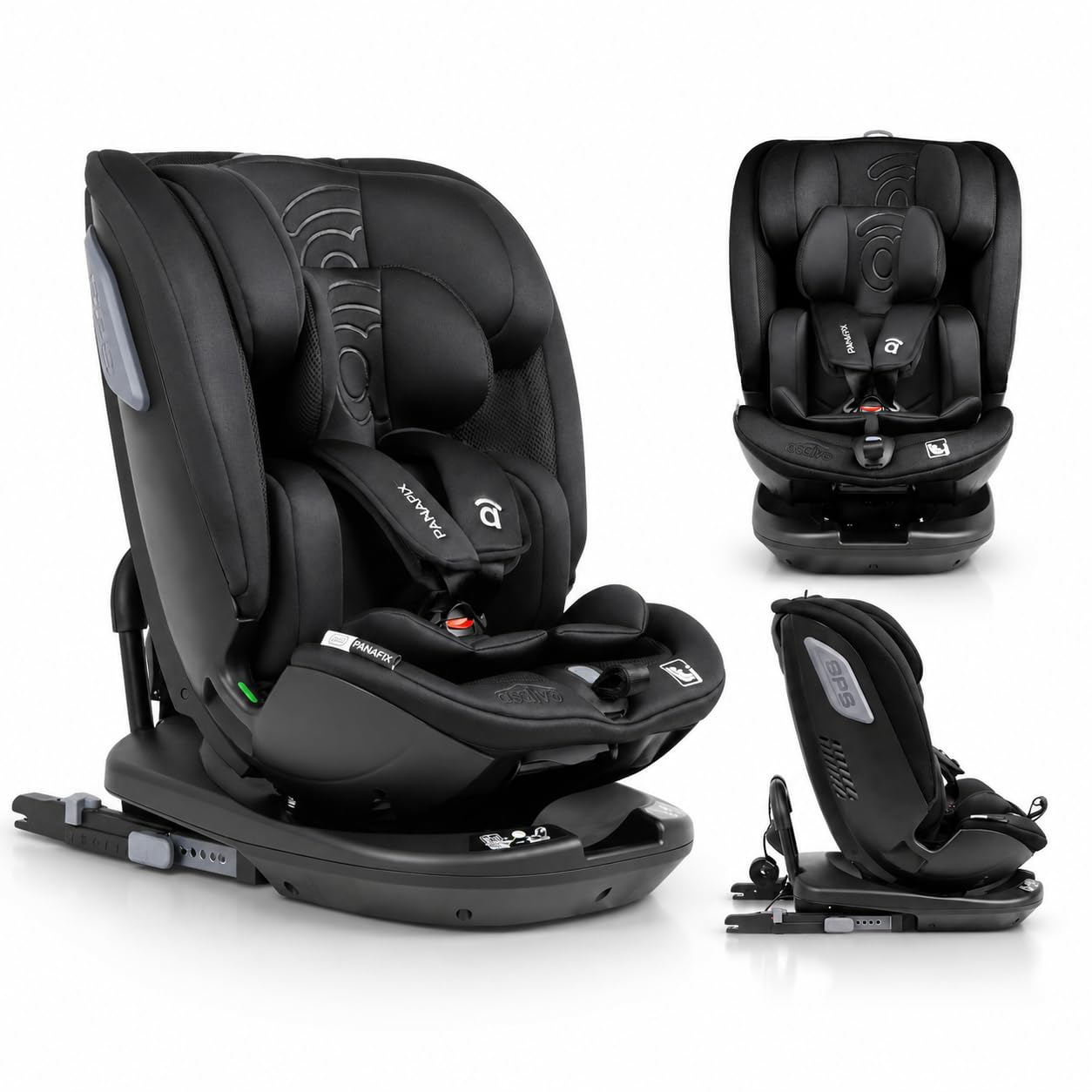 Silla de Coche i-Size 40-150 cm Grupo 0 1 2 3, ISOFIX + Top Tether, Giro 360°, Contramarcha hasta 105 cm, Reclinable – Asalvo Panafix Negro