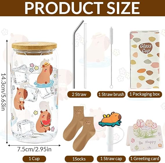 Capybara Water Pig Glass Mug with Lid and Straw