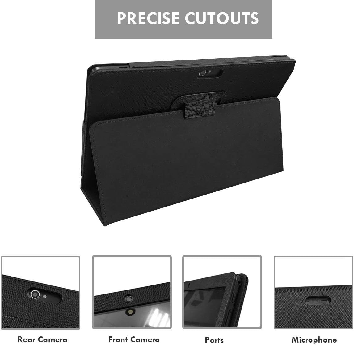 Image illustrating precise cutouts for the rear camera, front camera, various ports, and microphone on the tablet case.