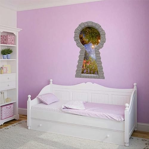 Calcomanía de pared con ojo de cerradura de piedra 3D, farol encantado, árbol, ladrillo, ventana, portal, cuento de hadas, calcomanía de pared