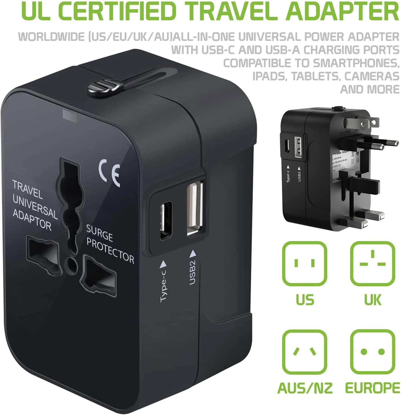 Close-up images showing how to extend and retract different plug types: US, Europe, AUS/NZ, and UK.