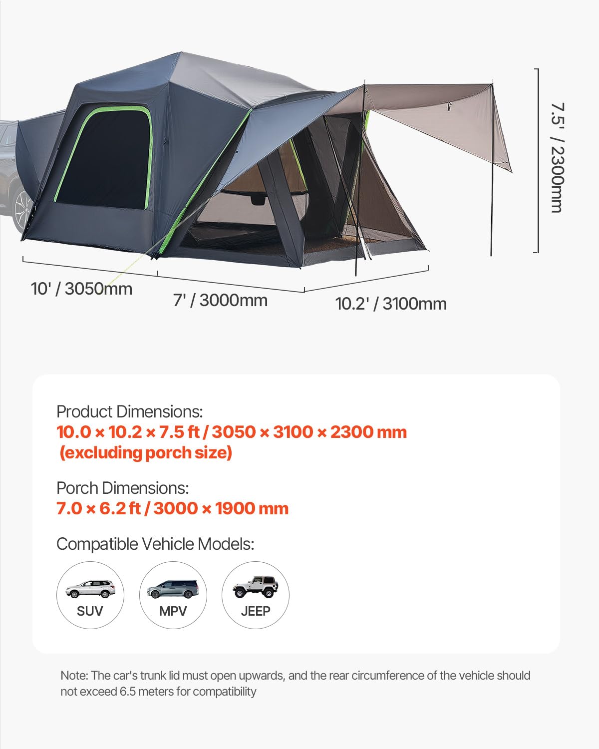 VEVOR SUV-Zelt Camping Auto-Zelt (305 x 310 x 230 cm) wasserdichtes PU2000 geräumiges Doppelschicht-Design für 5-8 Personen, SUV-Campingzelt mit Schattenmarkise & Netzfenstern & Regendach & Tasche