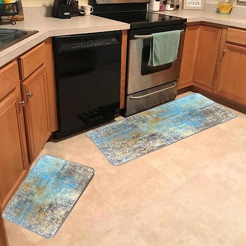 Vista 58 de TOMWISH - Tapetes de cocina para piso, color turquesa, gris, abstracto, pintura artística, 17 x 48 + 17 x 24 pulgadas, juego de alfombras de cocina