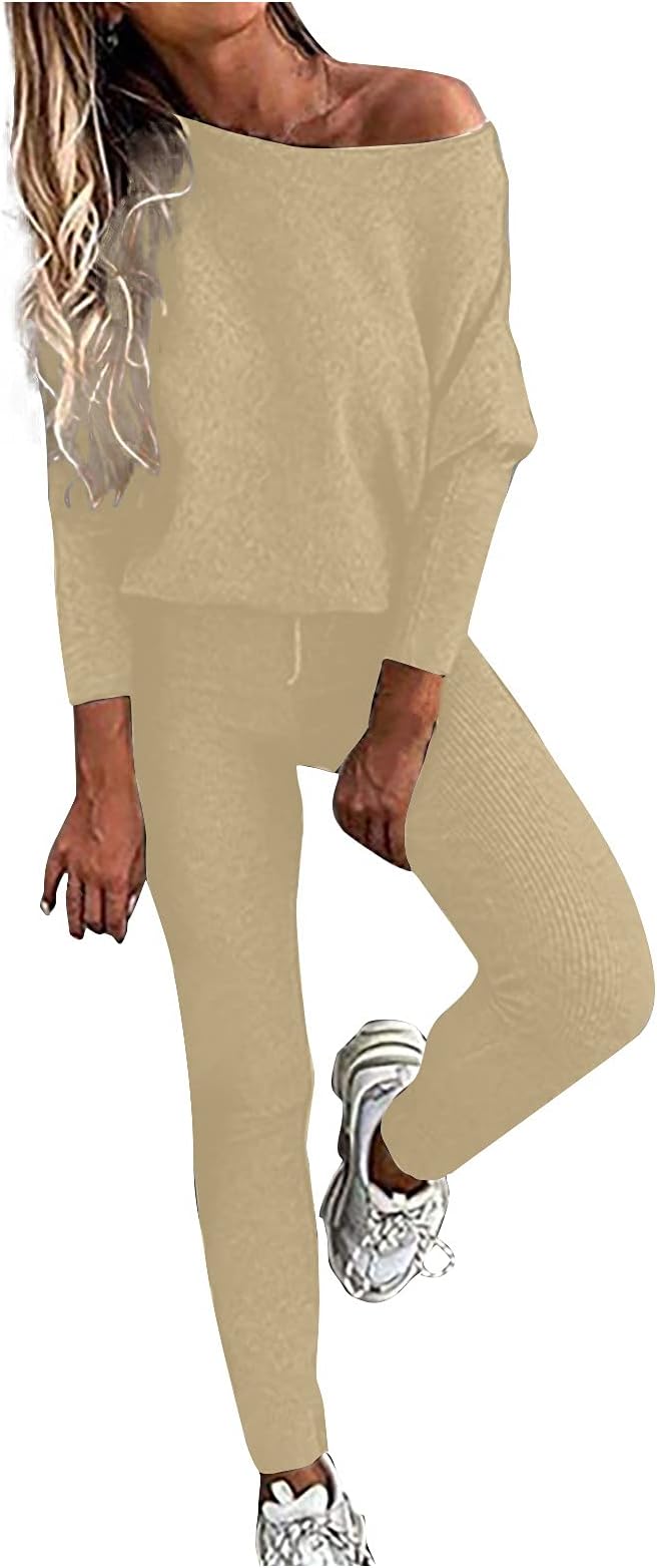 Winter Sweatsuit Set Female Solid Color Polyester Sweat Suit Set Long Sleeve Casual Off-The-Shoulder Two-Piece Cool Cozy Park Sweatsuit Woman