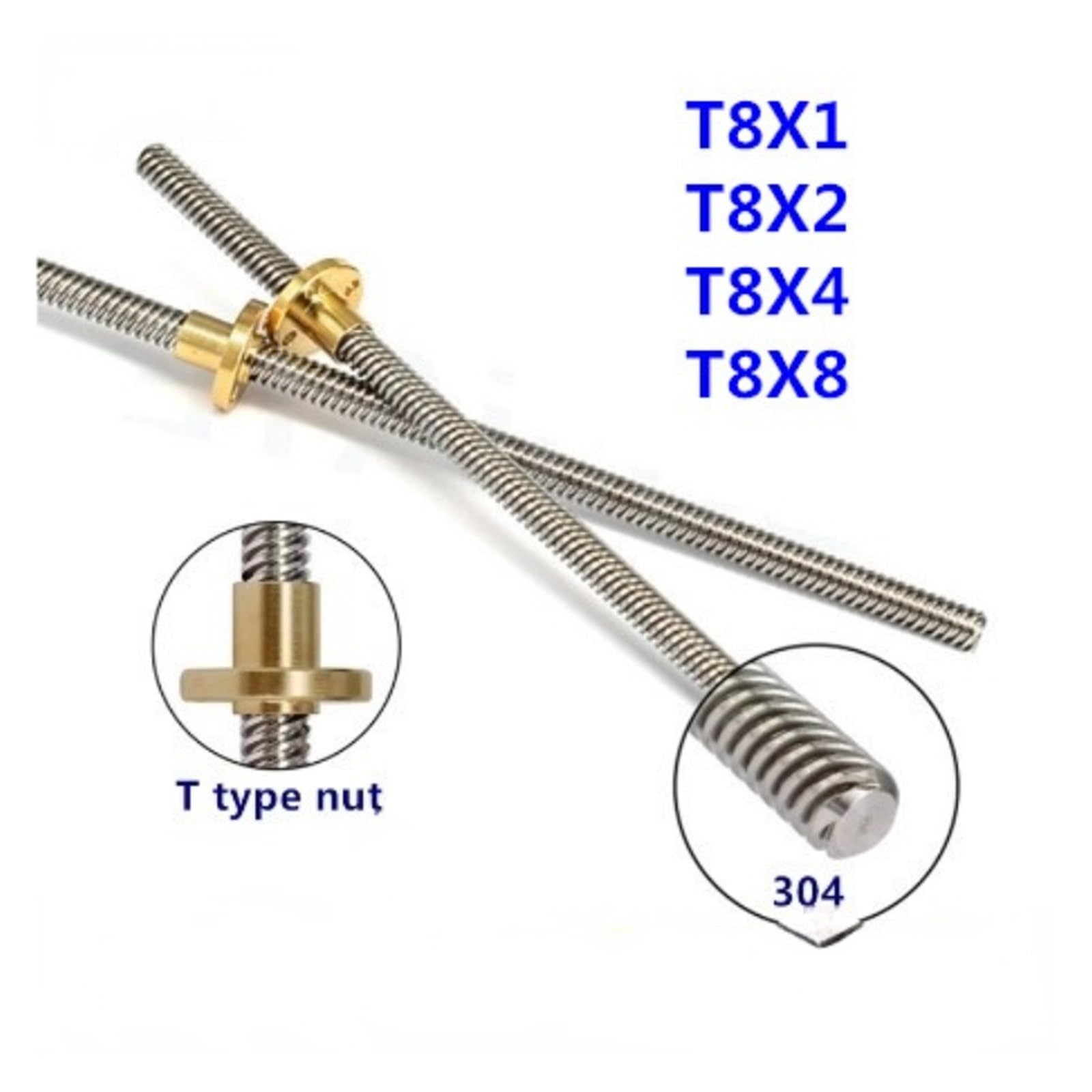 Metal Ball Screw nut THSL-300-8D Trapezoidal Rod T8 Lead Screw Thread 8mm Lead 8mm Length 100mm-500mm with Brass Nut(500mm)