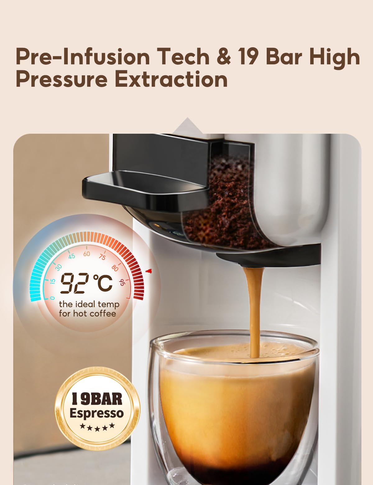 CAFELFFE 4-in-1-Kapsel kaffeemaschine MK603, Heiß-/Kaltbrüh, 19 Bar, für Nec* Original-, DG*-, ESE-Pads und Kaffeepulver, Erp2-Energiesparmodell, 0,6-l-Wassertank, geeignet für die Familie, weiß