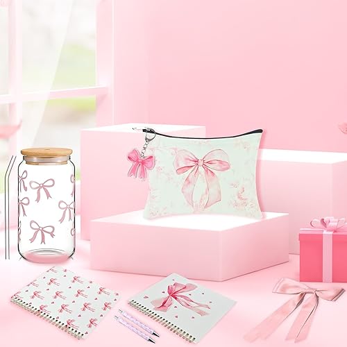 Miniatura 7 de Coquette - Juego de regalo de lazo rosa con taza de lazo, bolsa de maquillaje preparada, cuaderno de lazo, accesorios de llavero, regalos temáticos
