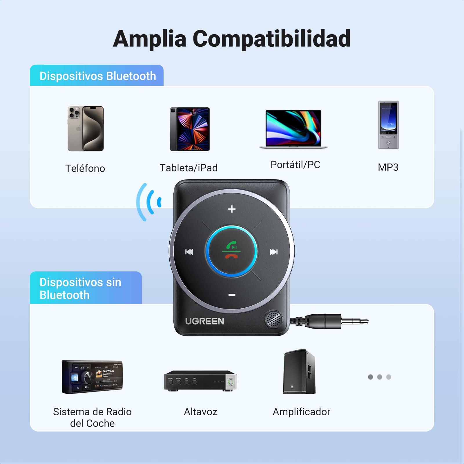 UGREEN Receptor Bluetooth 5.4 Adaptador AUX Coche Jack 3.5mm Audio con Inalámbrico Llamada Manos Libres Luz RGB