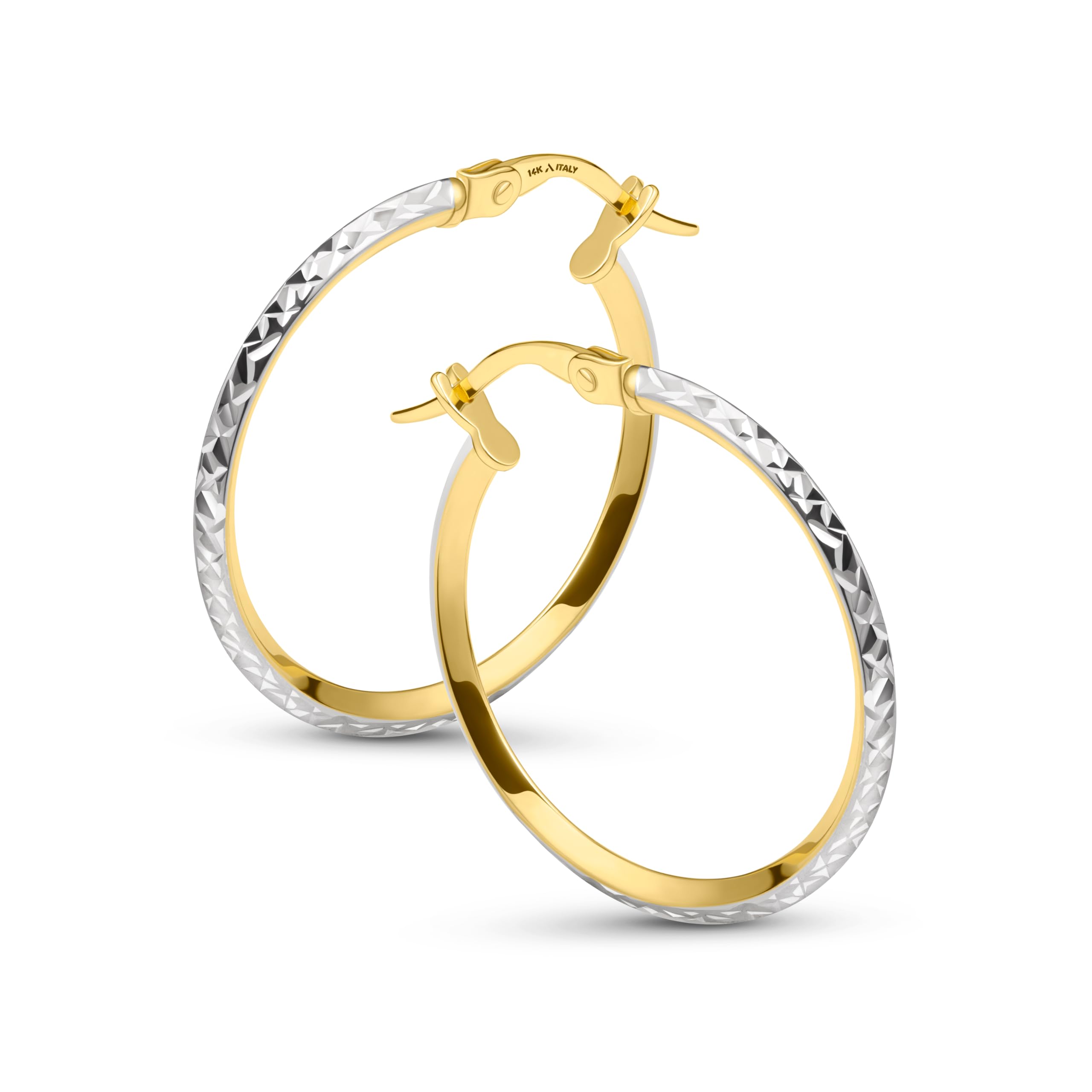 Amberta Pendientes de Aro para Mujer en 2 Tonos de Oro de 9 14 Quilates, Aros Retorcidos Bicolor Oro Amarillo Blanco, Talla Diamante, 10mm 15mm 20mm, Fabricados en Italia