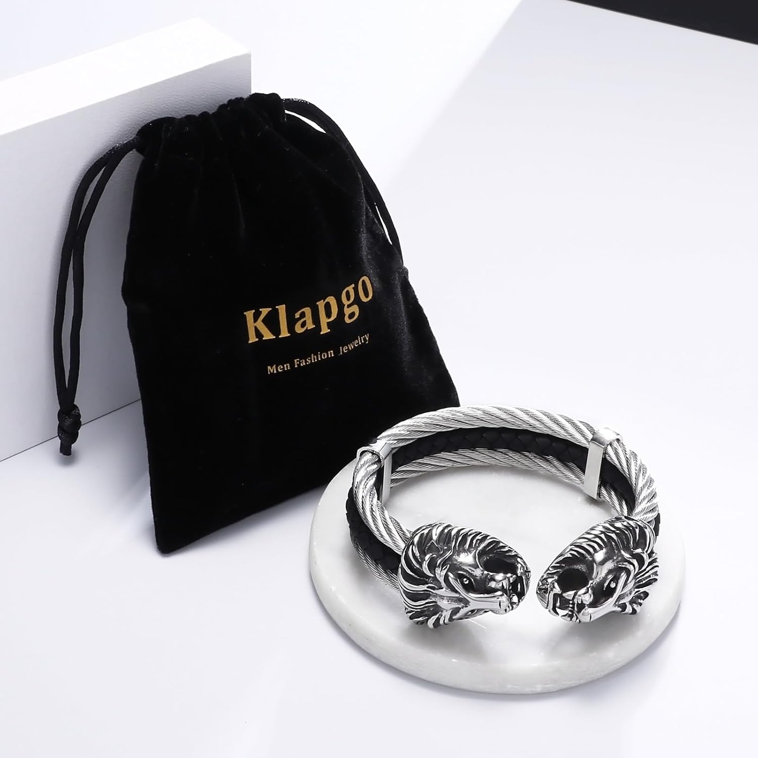 Men's Silver Gold Bracelet Viking Lion Head 316 Stainless Steel Leather Open Cuff Leather and Rope Chain Gothic Vintage Animal Totem Bangle - Image 7