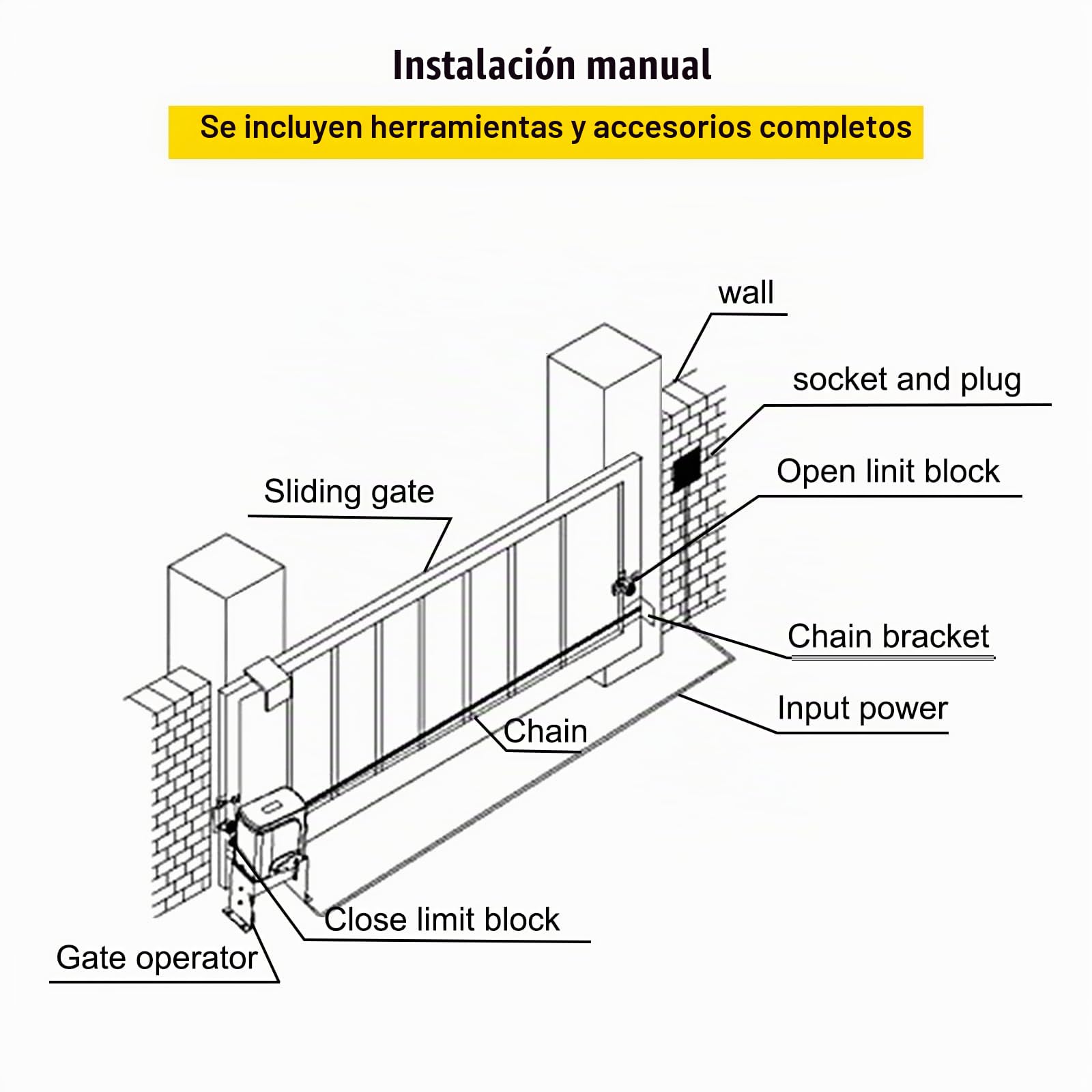 VEVOR Abridor de Puerta Corredera 817 kg con 2 Controles Remotos Kit de Hardware para Operador de Puerta para Seguridad Velocidad de Desplazamiento 13 m/Min Motor Eléctrico para Puerta Corredera