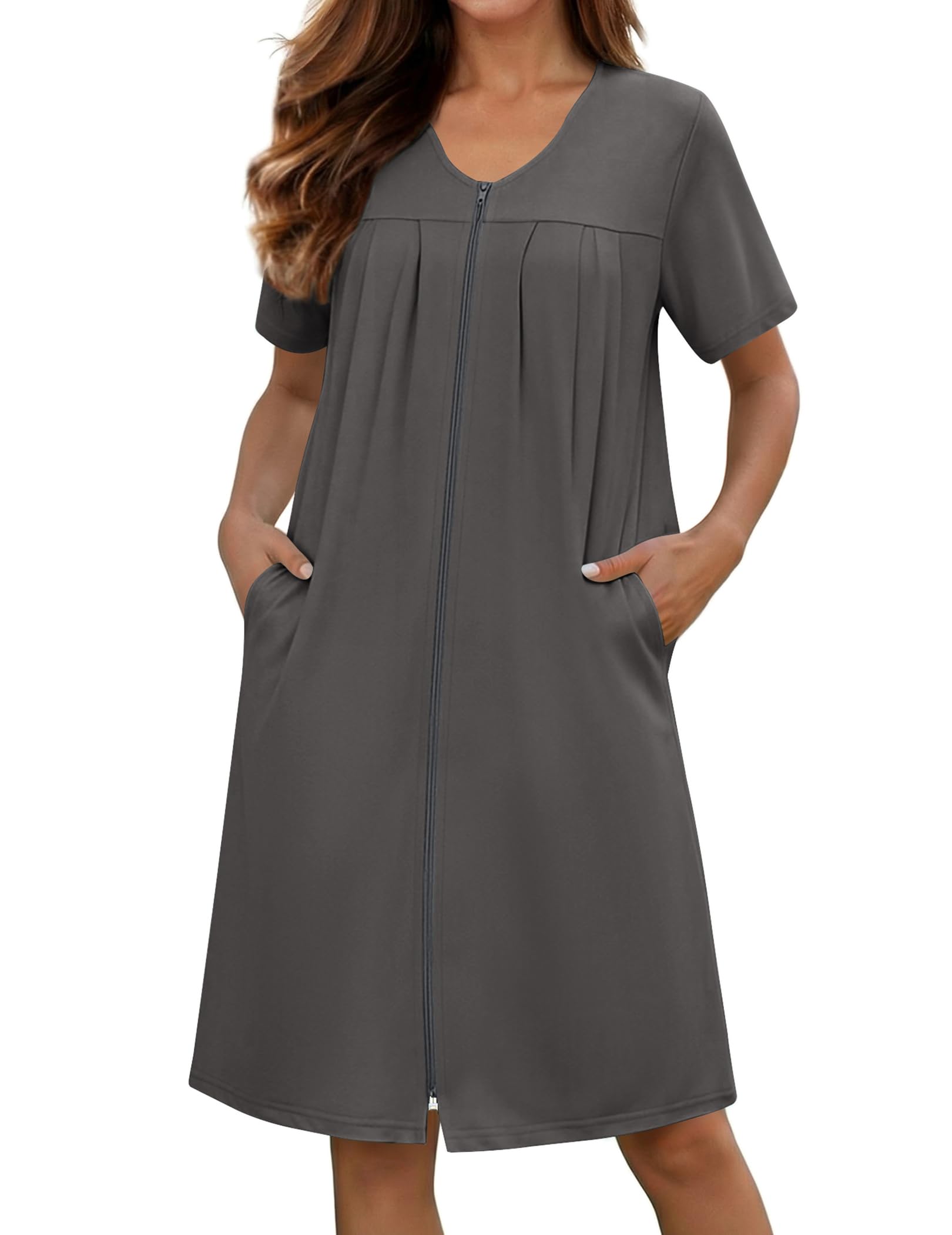 Ekouaer Zipper Robes for Women Short Knit Bathrobes Lightweight Knee Length Housecoat with Pockets Nightgown S-3XL