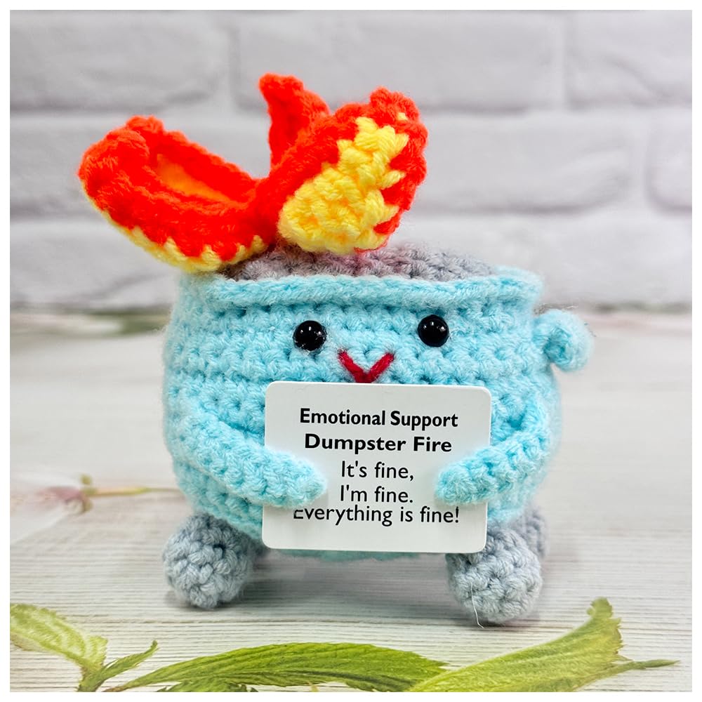 RovyFota Emotional Support Crochet Dumpster Fire with Positive Card Cute Room Decor Knitted Toys Funny Crochet Support Buddies Gifts for Friends (Blue)