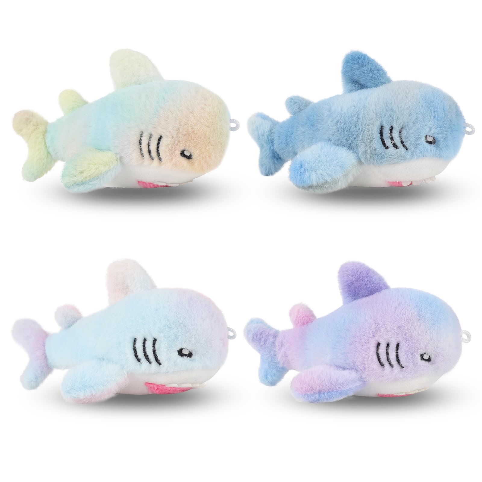Anboor 4 Pack Small Stuffed Animals Shark Plush Toy with Keychain Award Goodie Bag Fillers Rainbow Shark Plushies Animal Toy Party Favors Xmas Fillers Stocking Stuffs Kindergarten Classroom Gifts