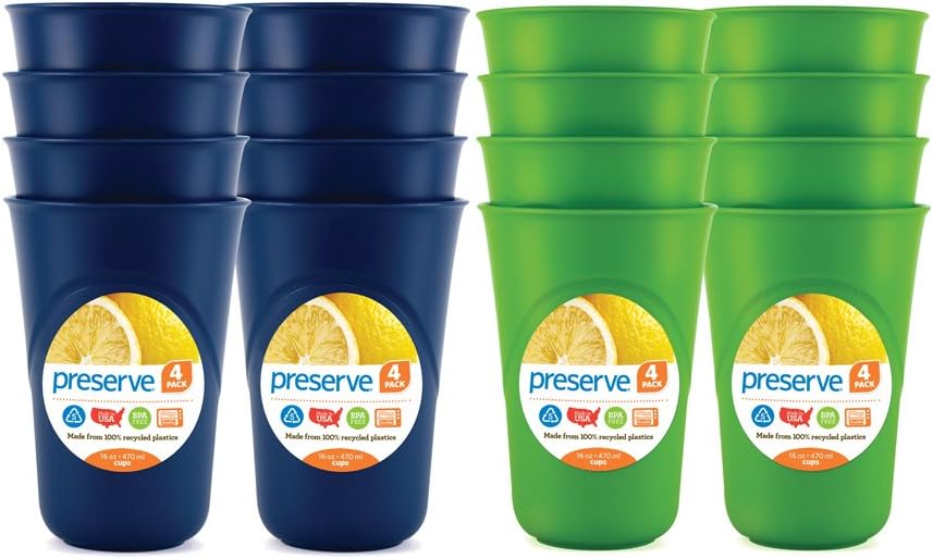 Preserve Everyday BPA Free 16 ounce Cups Made from Recycled Plastic in the USA, Set of 8, Midnight Blue and Apple Green