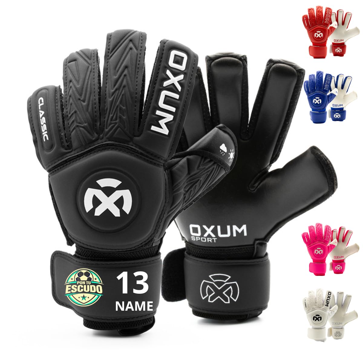 OXUM Guantes de Portero Classic Personalizados para Niños y Niñas – Añade Nombre, Número y Bandera o Escudo – Guantes de Fútbol Infantiles con Gran Agarre y Ajuste Cómodo