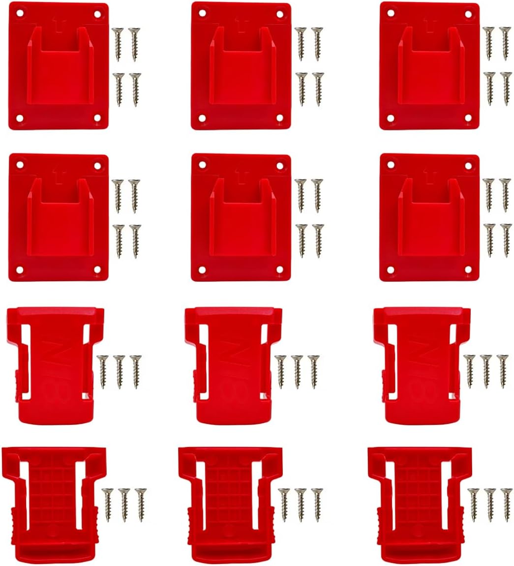 6pcs Tool Holders and 6pcs Battery Holders for Milwaukee M18 18V,Wall Mount Drill Tool Hanger with Screws for Garage Workshop Shelf,Red,12 Pack