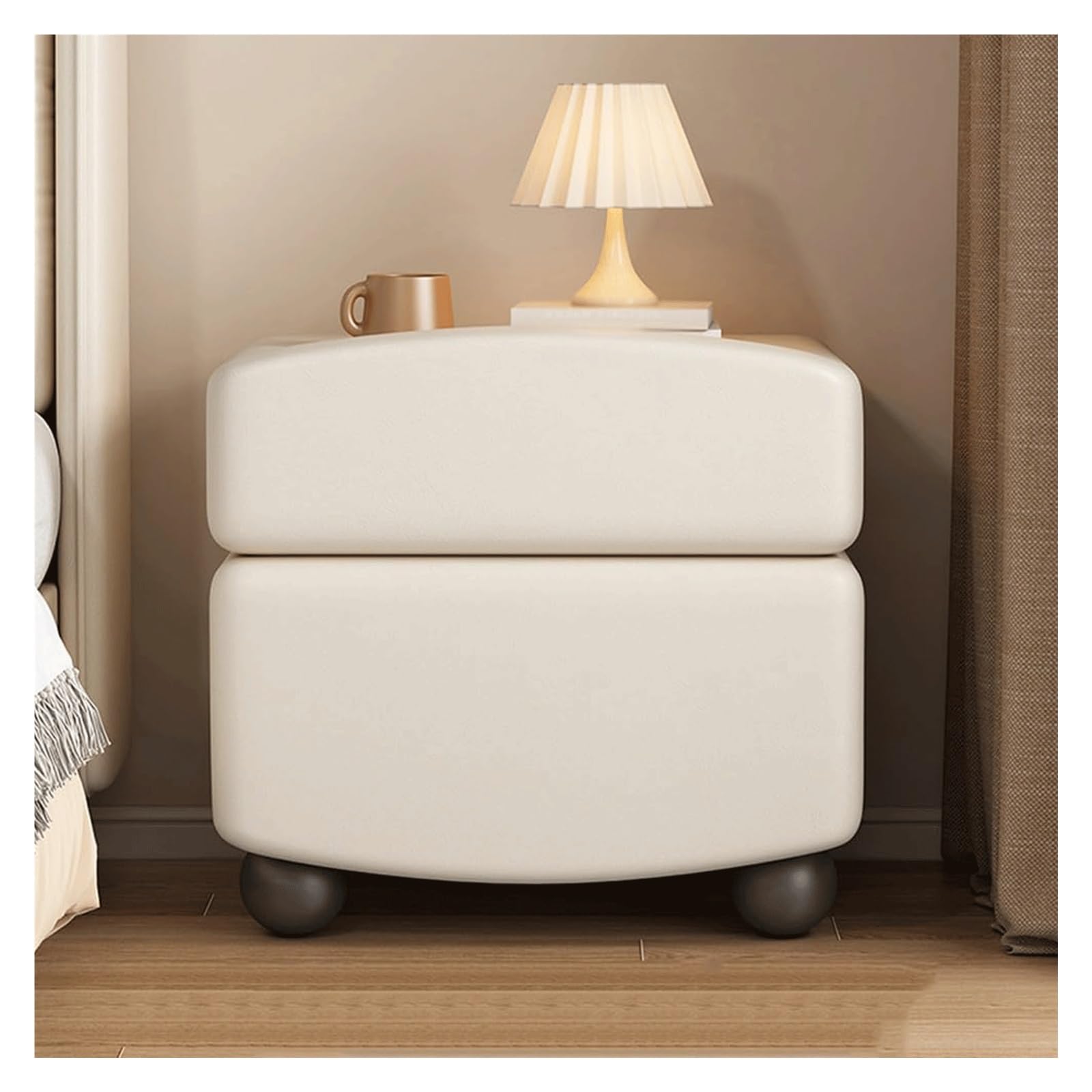SXZenSpace Lightweight Nightstands Solid Wood Bedside Cabinet with 2 Drawers,Bedside Table Small Leather Side Borderless Handle End Table(Beige,40cm/15.7in)