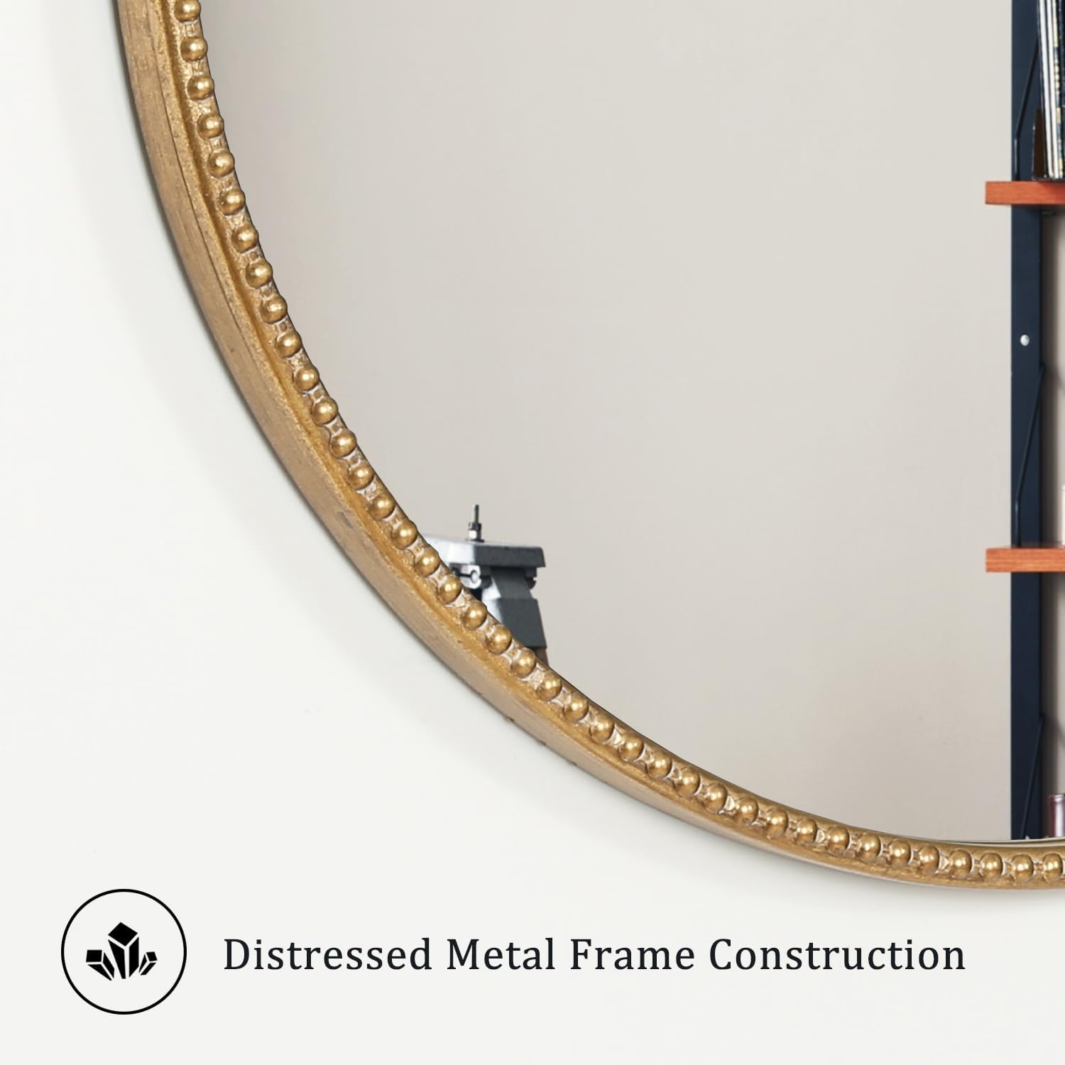 Vintage Round Wall Mirror, Distressed Metal Frame Accent Mirror with Embossed Carved Decorative Top for Bathroom Living Room Bedroom Entryway, Antique Gold Finish (23.6 Inch)