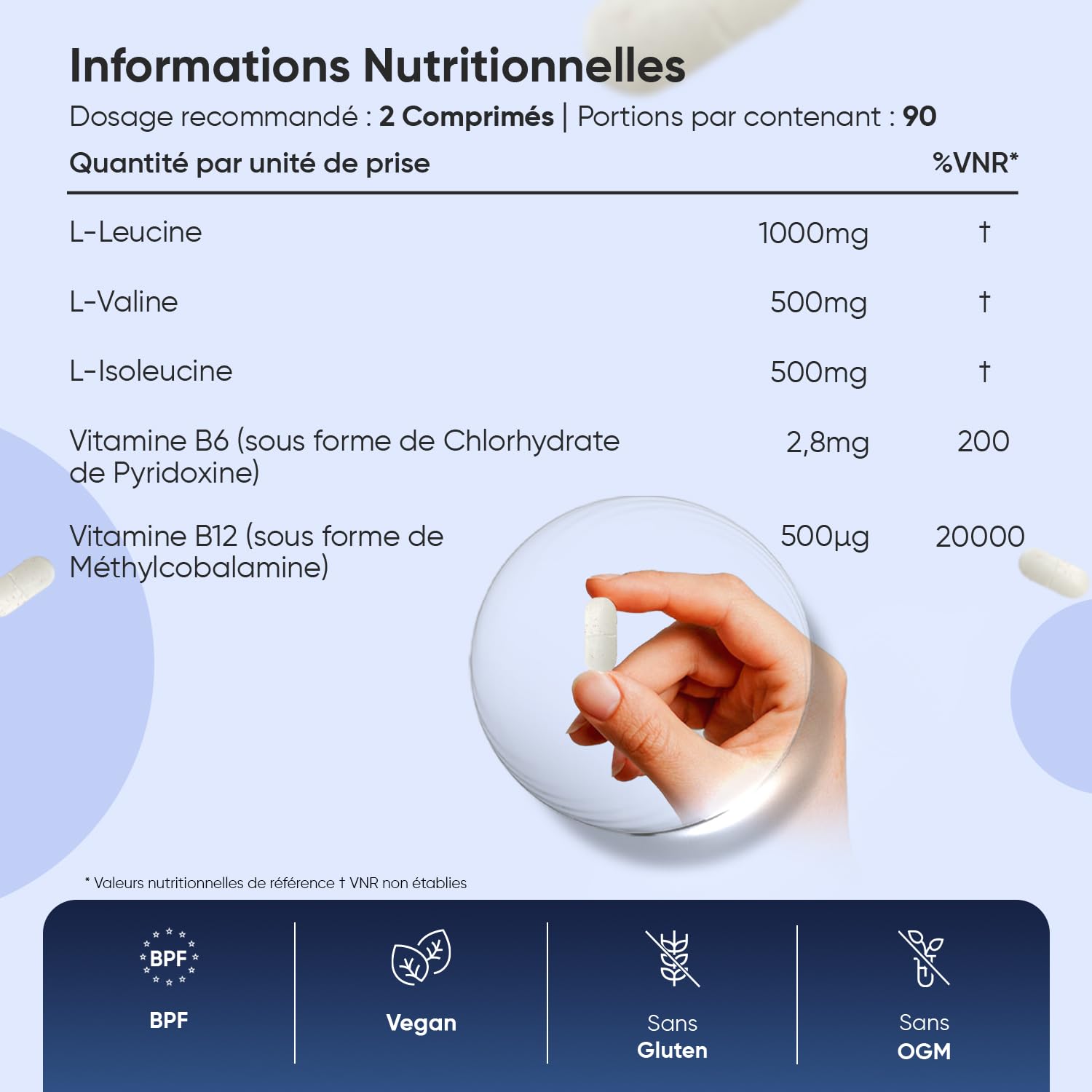 BCAA Comprimés 2:1:1 Vegan 2000mg, avec Vitamine B6 et B12 – 3 Mois de Stock – Seulement 2 Comprimés Sécables par Jour, Acides Aminés 180 Tablets – sans Arôme, sans Aspartame ni Sucre, sans OGM