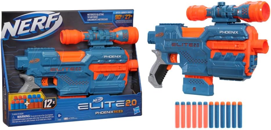 Elite 2.0 Phoenix CS-6 Motorized Blaster, 12 Official Darts, 6-Dart Clip, Scope, Tactical Rails, Barrel and Stock Attachment Points
