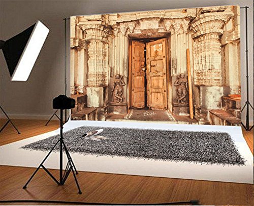 Laeacco 8x6.5FT Vinyl Backdrop Photography Background Traditional Style Design Historical Hindu Temple with Collumns Wooden Door Sculptures India Backdrop Personal Shoot Photo Studio Prop