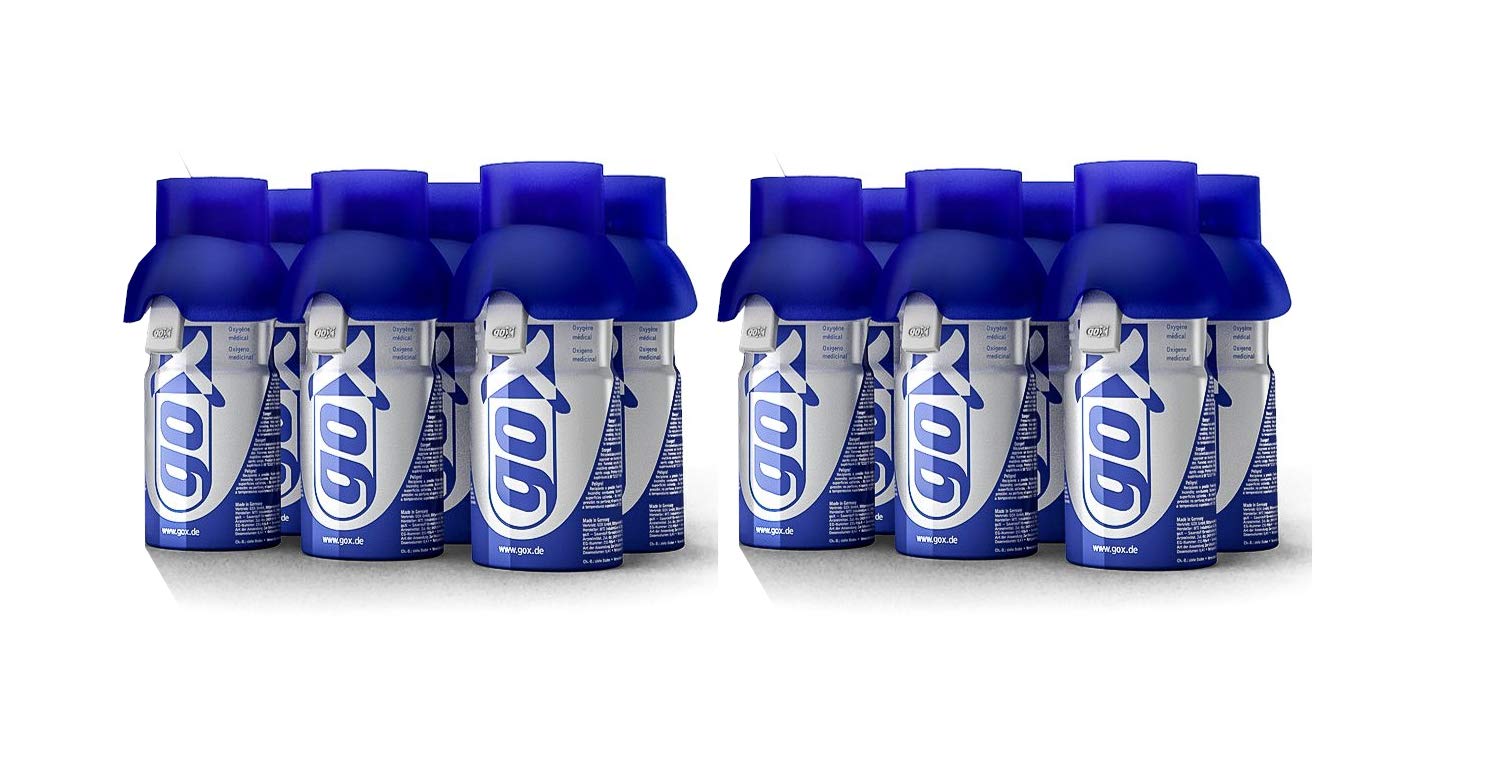 Satz von 12 Dosen Sauerstoff Pur 4 Liter mit Sauerstoffmaske goX. Insgesamt 48 Liter Gassauerstoff. Für alle körperlichen und geistigen Aktivitäten, für Wohlbefinden und Sport