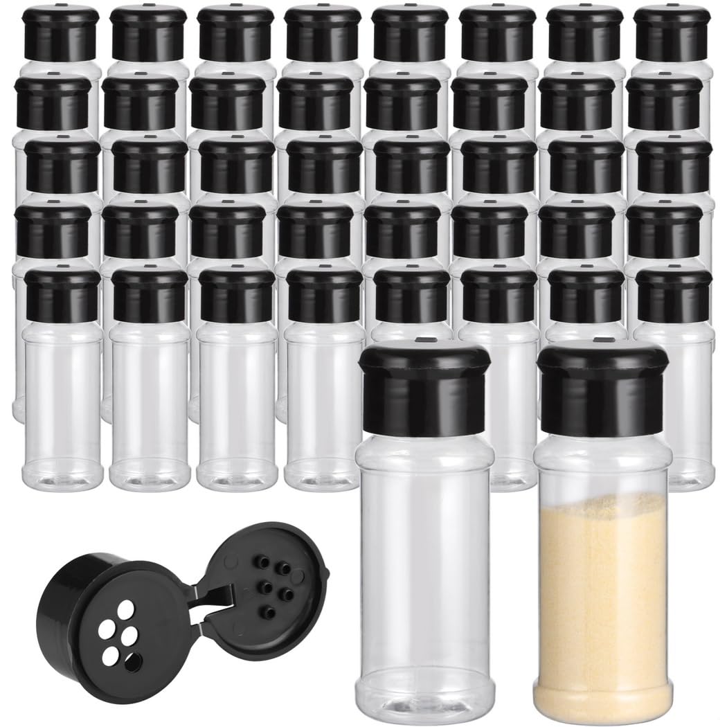 Gewürzgläser aus Kunststoff, 100 ml Fassungsvermögen, transparente Gewürzstreuer mit schwarzem Deckel, für Küche, Grill und Outdoor, 50 Stück