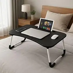 Mesa Portátil Dobrável para Notebook e Leitura – Design Ergonômico e Moderno com Suporte para Tablet e Copo – Ideal para Cama, Sofá ou Escritório – Preta com Pés Antiderrapantes