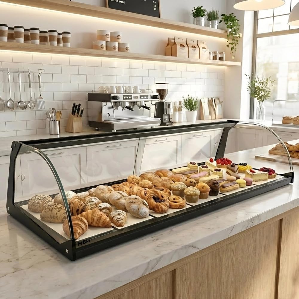 MBH - Vitrina Expositora Neutra de Sobremostrador 119 cm, Cristal Curvo Templado, 1 Piso, sin Iluminación LED, con Puertas Traseras Correderas, para Bar, Cafetería, Restaurante, Bollería y Repostería.