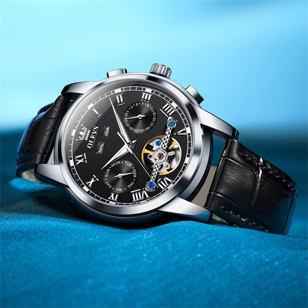 OLEVS Men's Watch Automatic Luxury Dress Tourbillon Chronograph Big Face Calendar Self Winding Wrist Watches for Men Business Moon Phase Mechanical Male Watches Luminous Waterproof