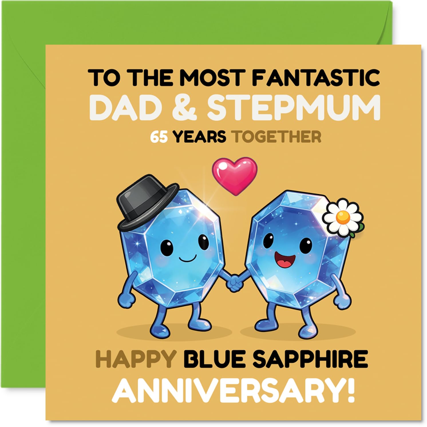 Cute 65th Anniversary Card for Stepmum & Dad - Sparkling Gemstone Duo Celebrates 65 Years - Playful Blue Sapphire Anniversary Design - 145mm Square, Envelope Included
