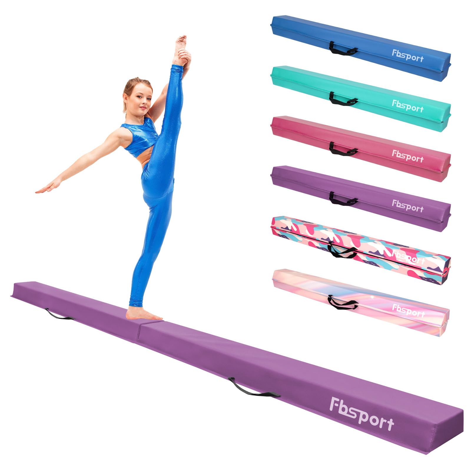 FBSPORT 8/10ft Balance Beam: Folding Floor Gymnastics Equipment PU Leather for Kids Adults,Non Slip Rubber Base, Gymnastics Beam for Training, Practice, Professional Home Training