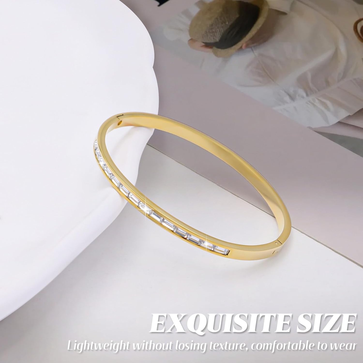 18K Gold Plated Rings Bracelets for Women Trendy Bracelet with Ring Jewelry Set Oval Bangle Simple Cubic Zirconia Stones Bangle Cuff and Rings Jewelry Gift for Women - Image 3