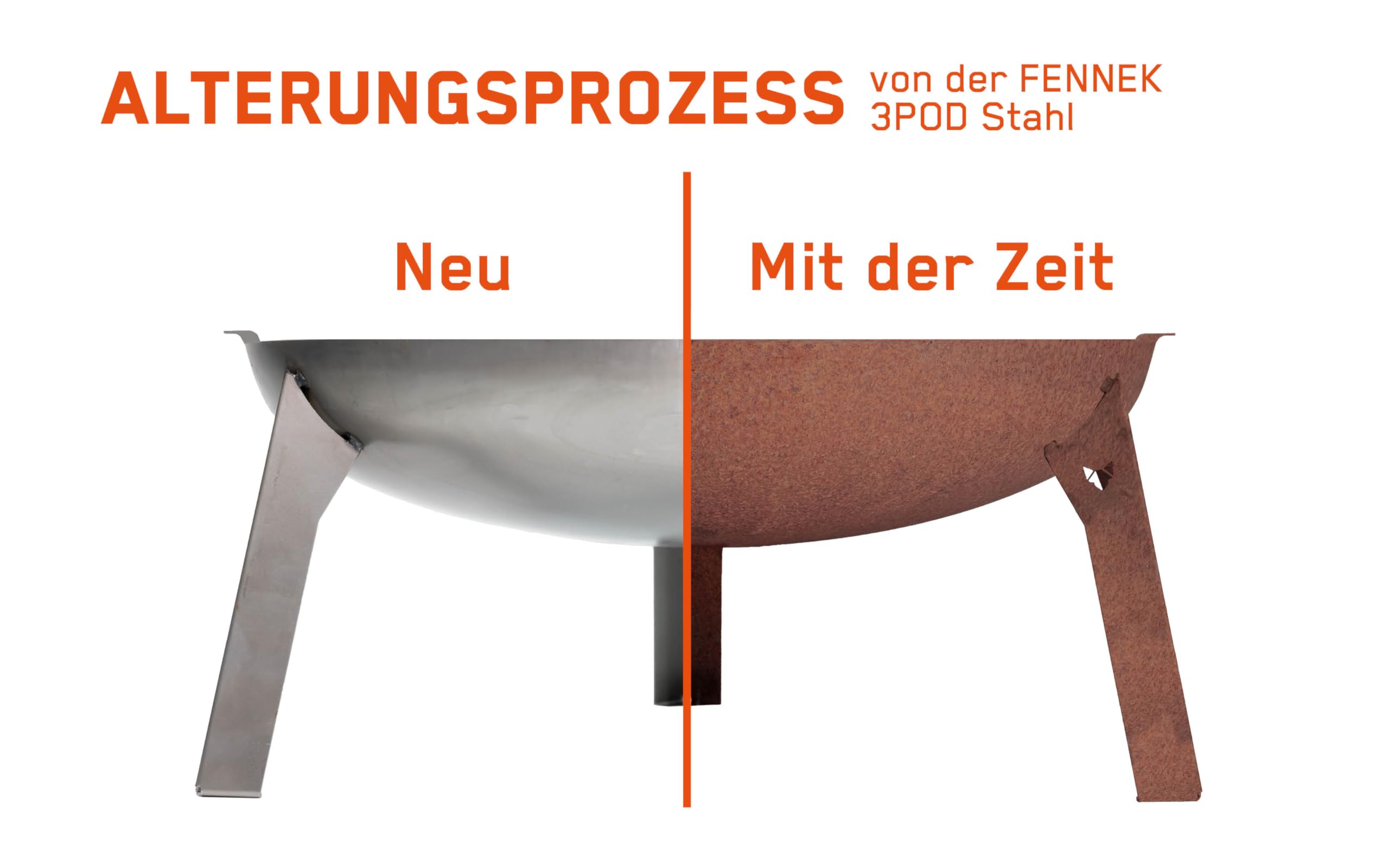 FENNEK Feuerschale 3 Pod | Große Feuerstelle aus massivem 2,0 mm Stahl rostend | Ø 65 cm | Für Garten, Terrasse und mehr | Made in Germany