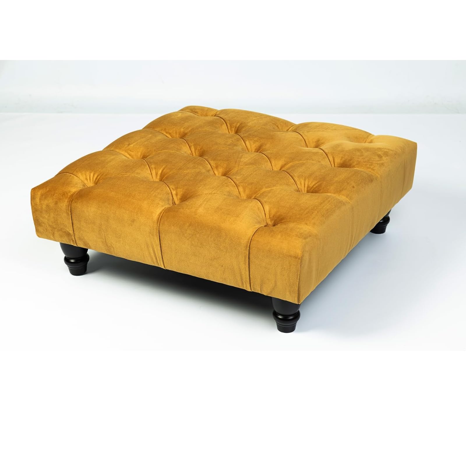 Kiswa collection Chesterfield Footstool Coffee Table Footrest | Plush Velvet Upholstered Pouffe with Matching Buttons | Elegant Chesterfield Design Foot Rest Wood Leg (Mustard, 50 cm x 50 cm x 25cm)