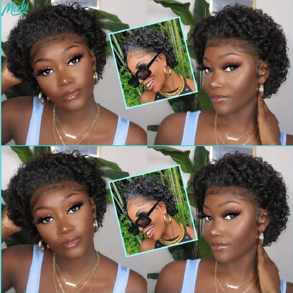 13 x 1 parrucca anteriore in pizzo corto umano capelli parrucca donna brasiliana naturale ricci capelli umani parrucca 150% densità (nera)