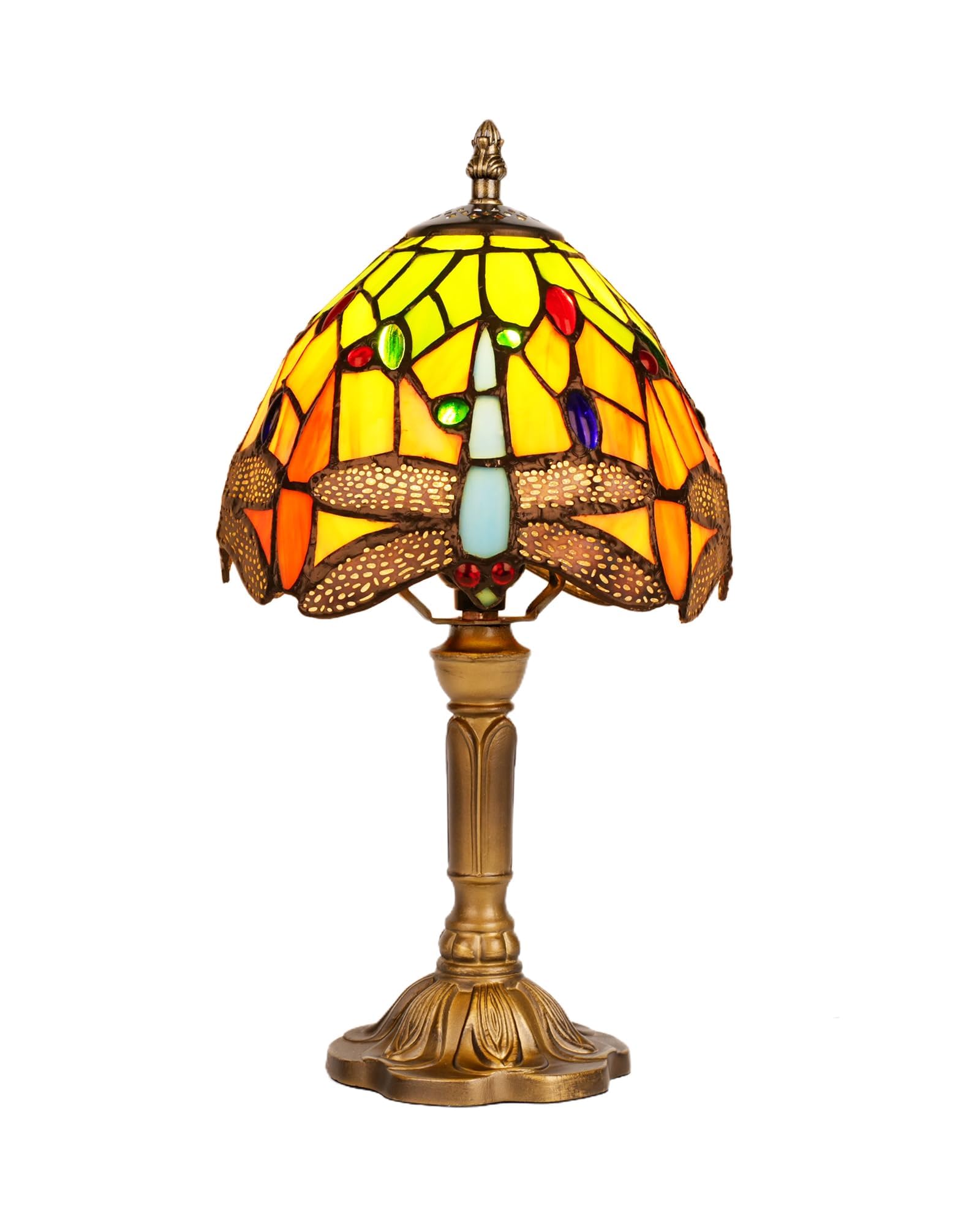 Plynvexa Tiffany Style Dragonfly Stained Glass Table Lamp, Vintage Brass Base Small Accent Lamp, Handcrafted Color Glass Desk Lamp for Bedroom Living Room Home Decor
