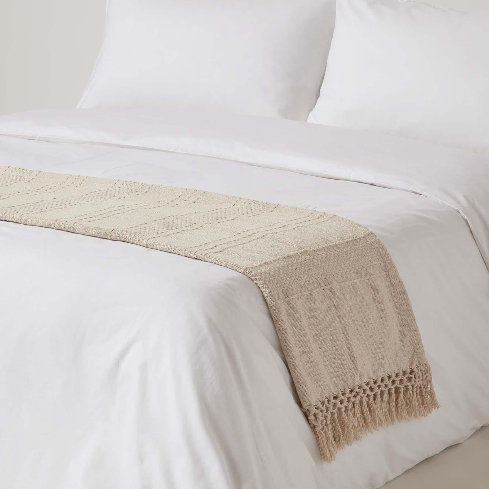 HOMESCAPES Plaid Beige en Coton Kashi à Franges, Jeté de lit ou de canapé 255x360 cm