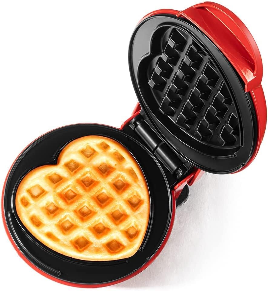 Mini HEART Waffle Maker 4 Inch- 350 Watts: Stainless Steel Dual Non-Stick Sides, UNIQUE HEART SHAPE DESIGN PLATE, Electric Iron Machine for Individual Heart Shaped Belgian Waffles– RED HEART