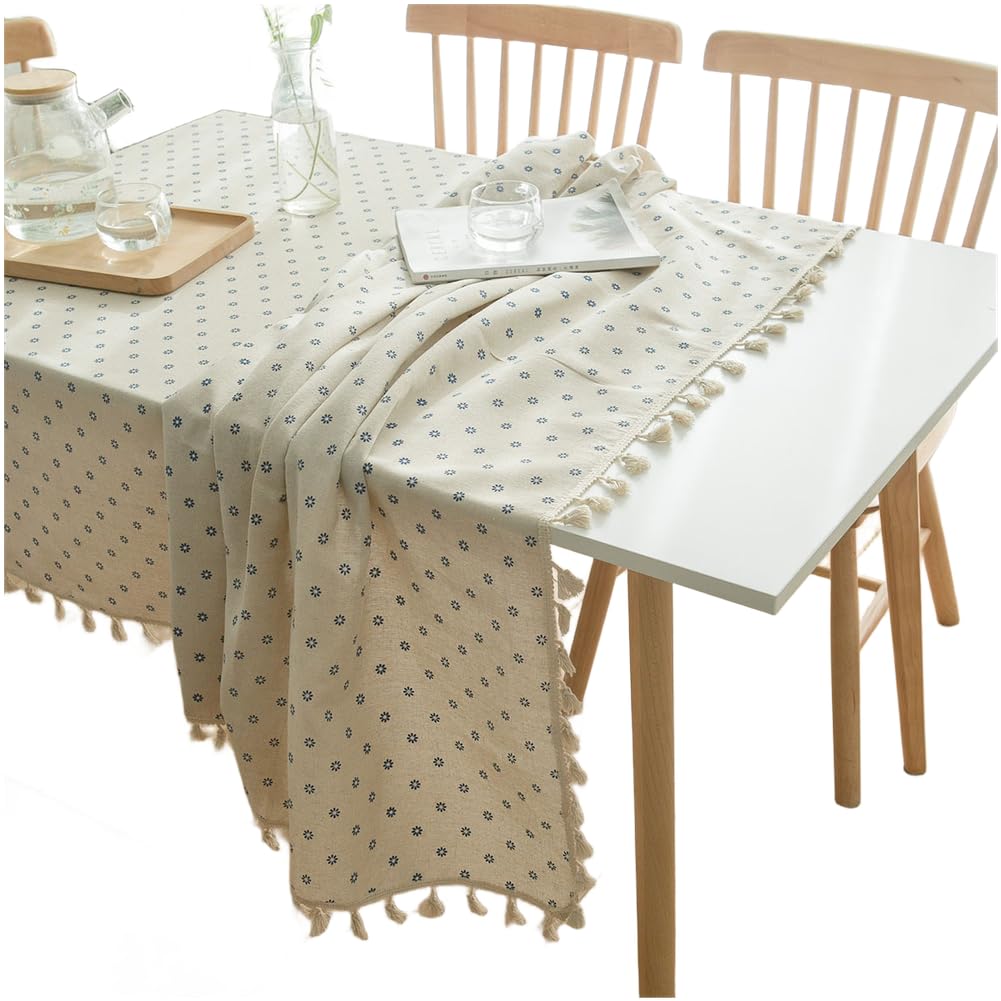 Nappe rectangulaire coton marguerites bleues dentelle franges 140x160cm