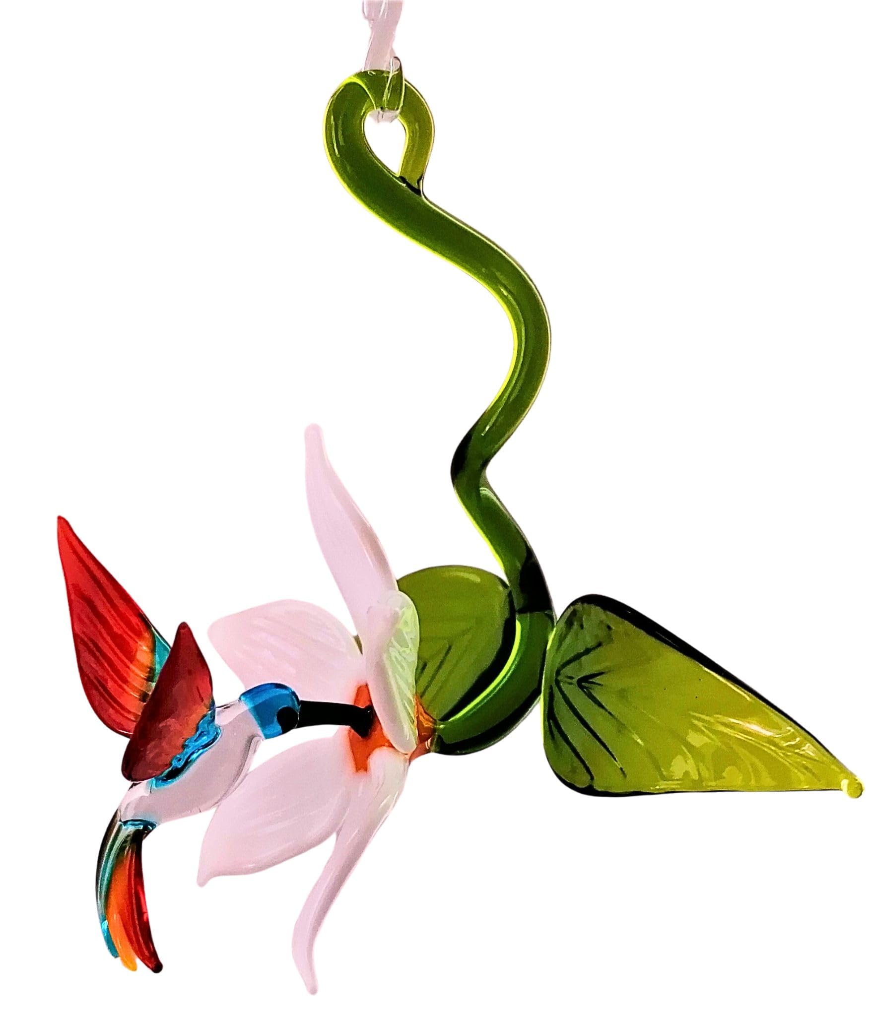 Hängevogel, Kolibri mit Blüte und Blatt (Blüte: weiß/Flügel: hellblau-gelb-rot)