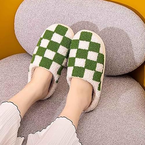 Image of Checkered Slippers for Women and Men - Fuzzy House Slippers with Memory Foam, Comfy Plush Fluffy Indoor House Shoes, Cozy Warm Slip on Bedroom Slippers with Non-Slip Sole