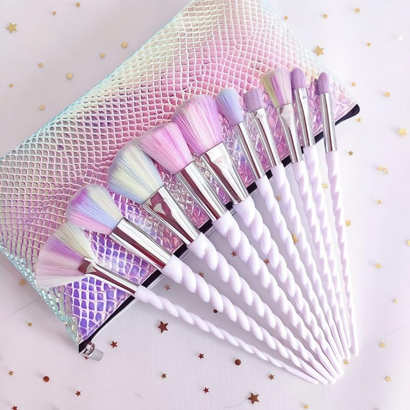 10Pcs Colorful Makeup Brushes Set with Pastel Rainbow Gradient Bag Spiral Handle Concealers Eyeshadows Makeup Brushes Kit for Cosmetics Enthusiasts