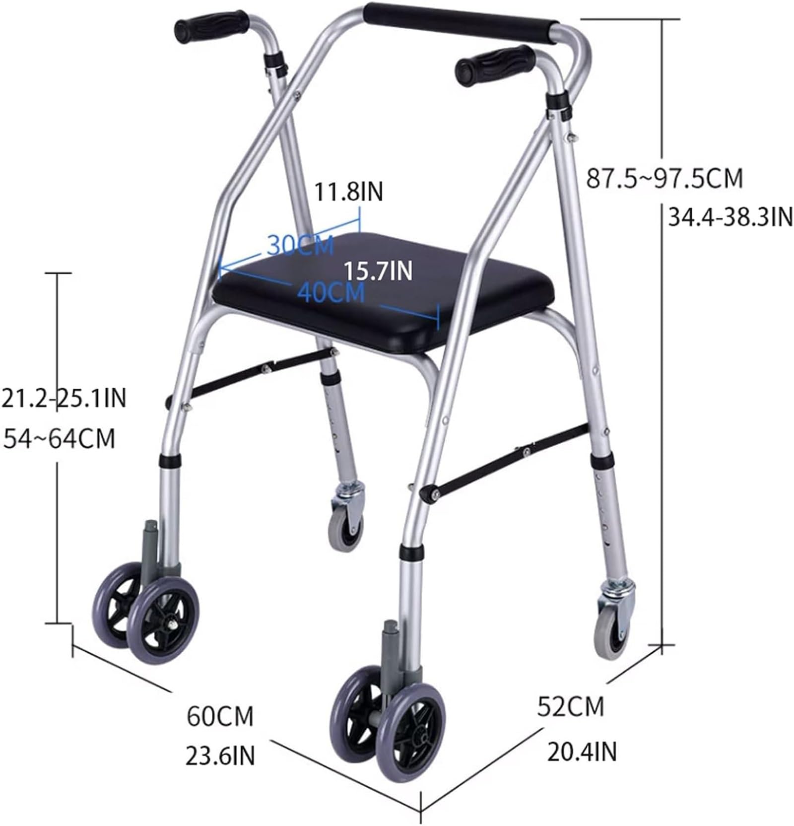 Deambulatore per adulti, Pieghevole, Leggero, Rollator a quattro ruote regolabile in altezza, con sedile e telaio, deambulatore per mobilità stretta, per anziani o disabili facile da piegare