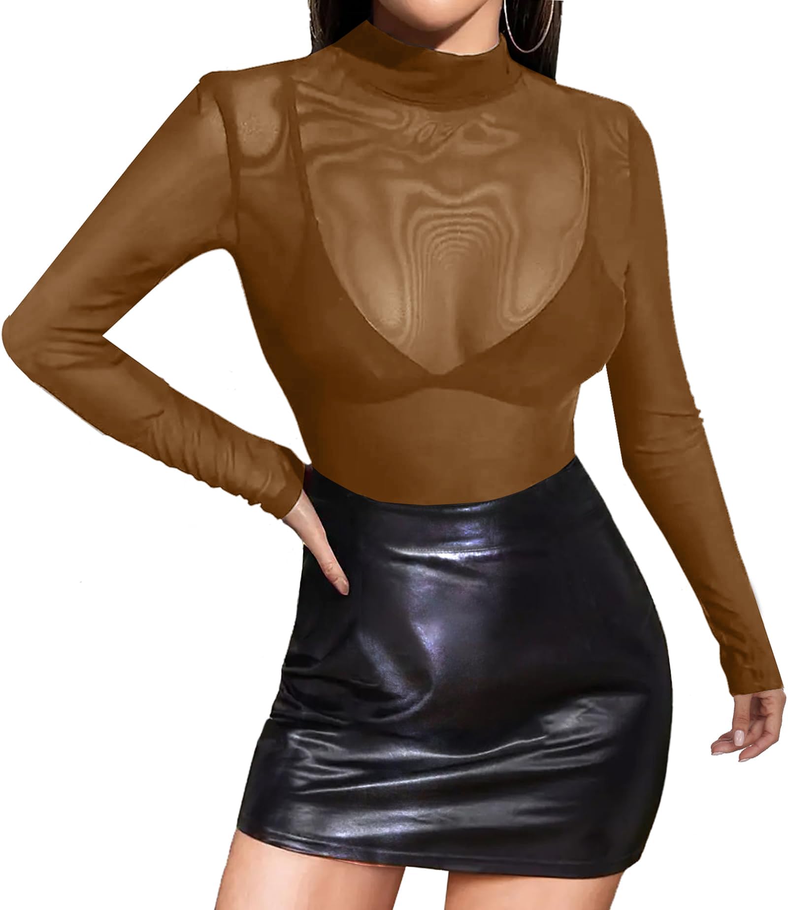 GAMISS Mesh Top for Women Long Sleeve Mock Neck Mesh Shirt Sheer Top Solid Floral Tee Shirts S-XXL: Medium Brown